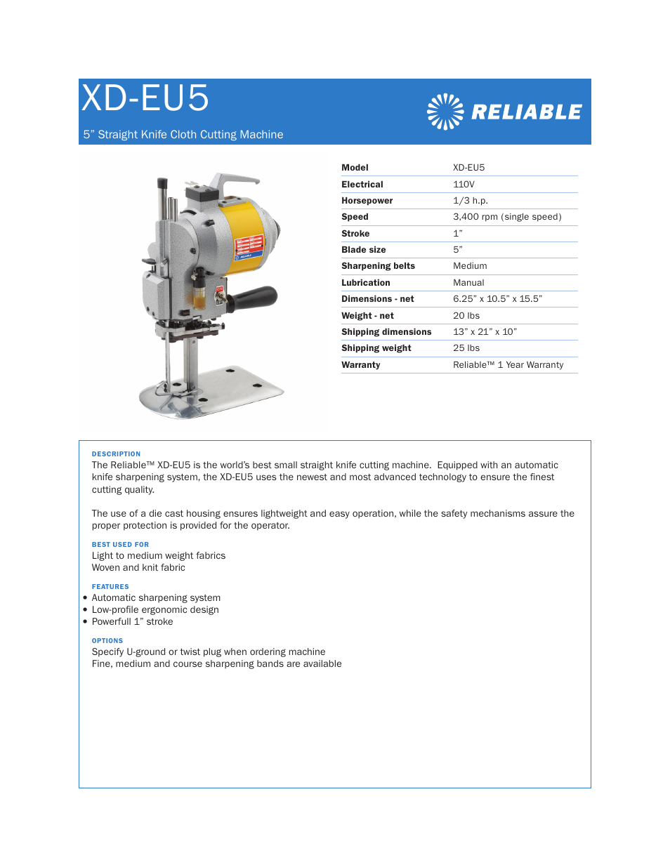 Reliable XD-EU5 User Manual | 1 page