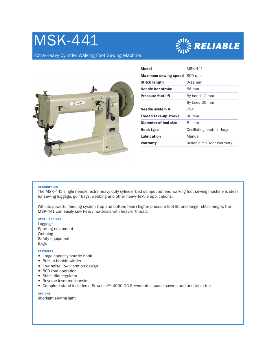 Reliable MSK-441 User Manual | 1 page