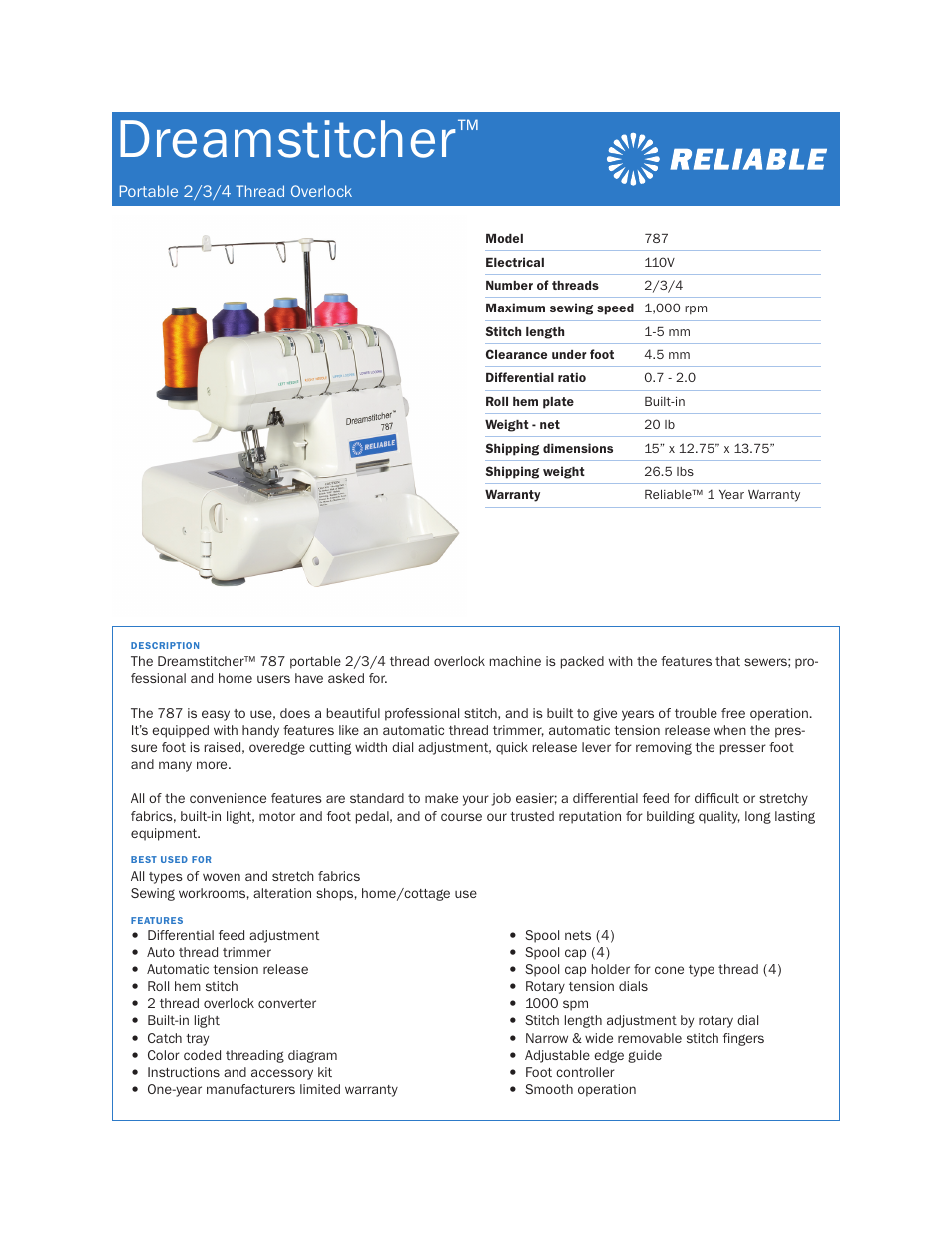 Reliable Dreamstitcher Portabl 787 User Manual | 1 page