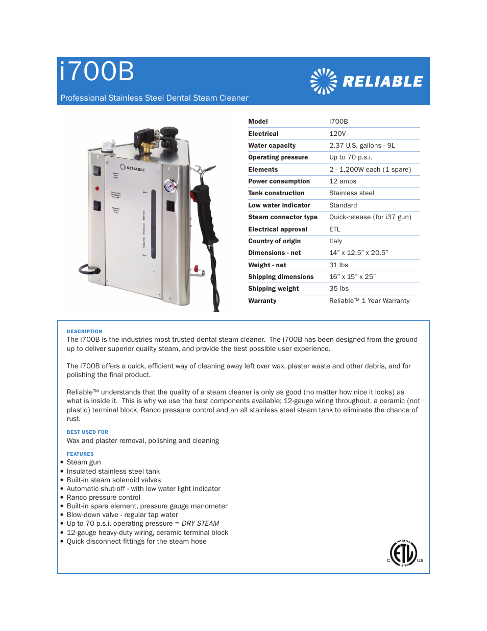 Reliable i700B User Manual | 1 page