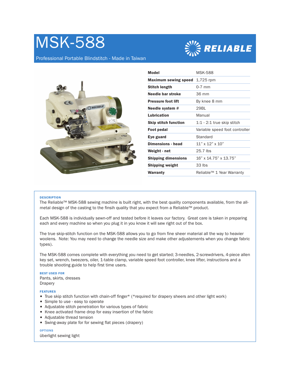 Reliable MSK-588 User Manual | 1 page