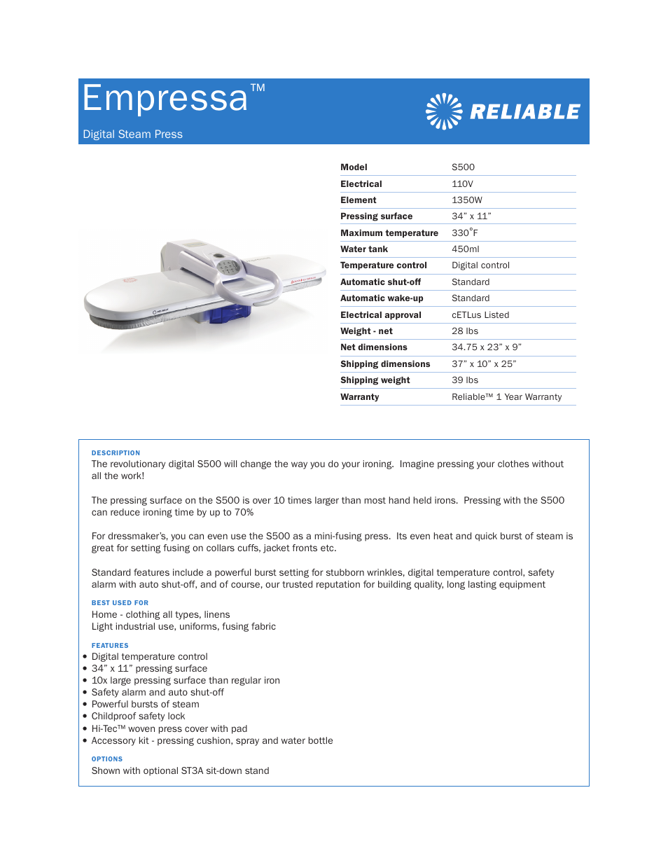 Reliable Empressa S500 User Manual | 1 page