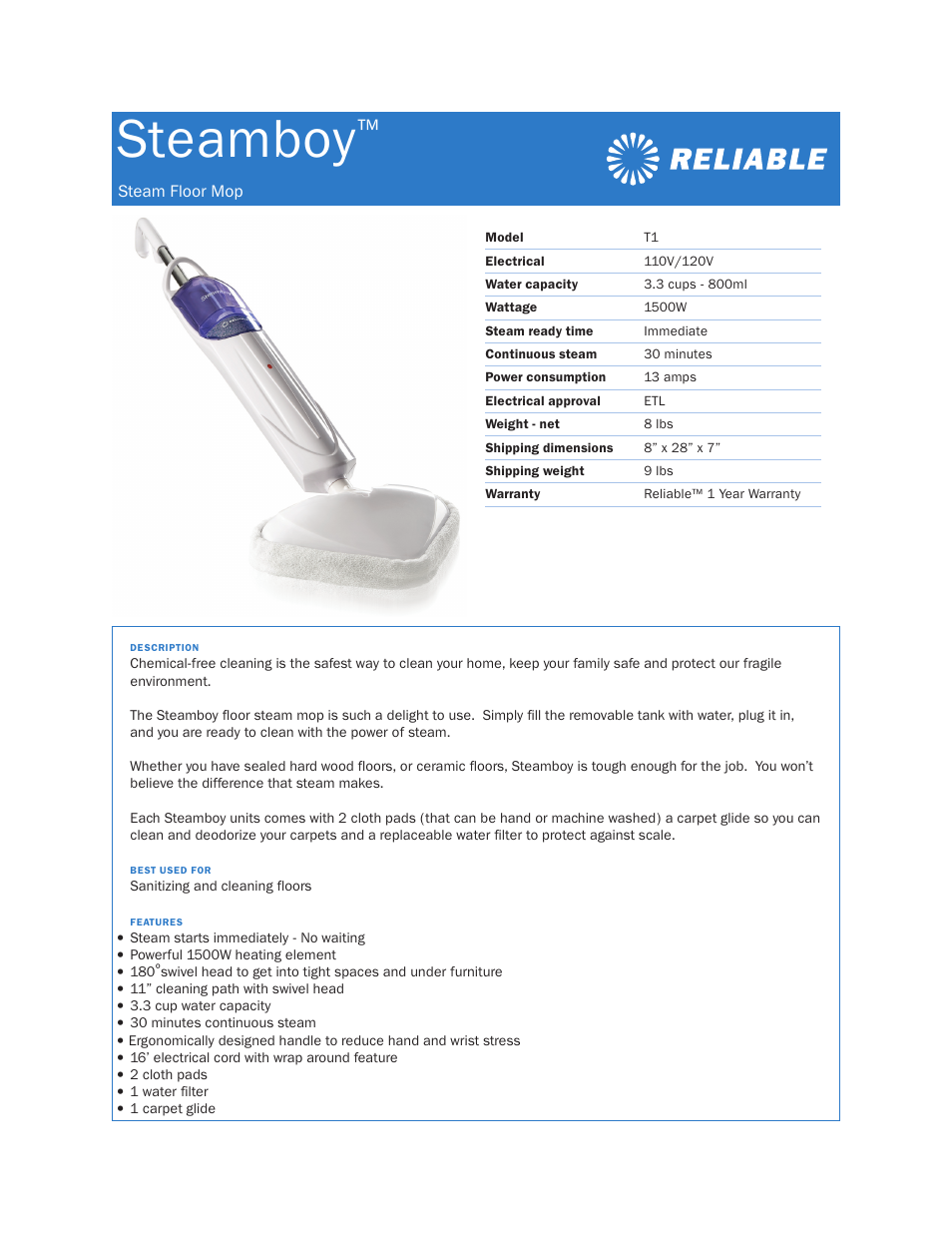 Reliable Steamboy T1 User Manual | 1 page