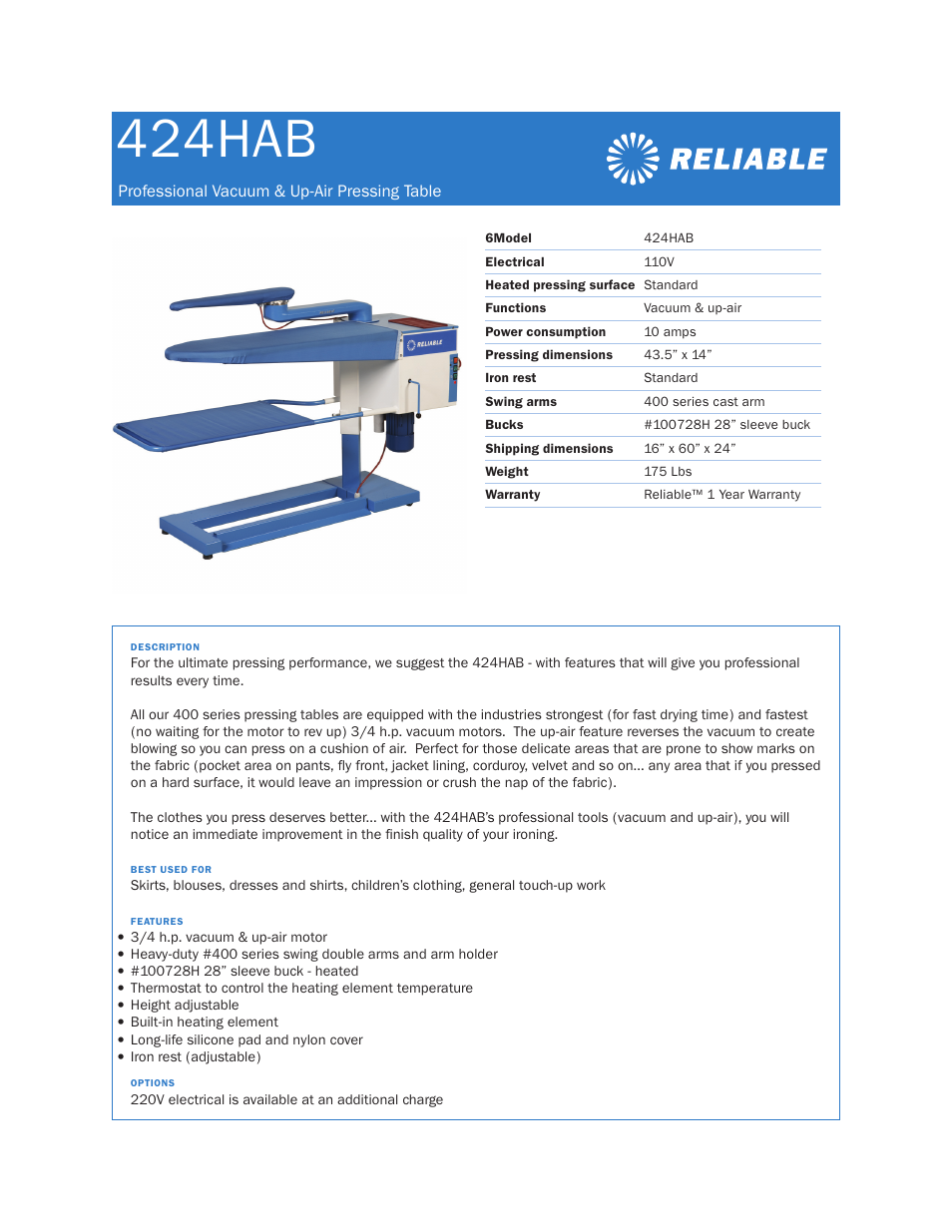 Reliable 424HAB User Manual | 1 page