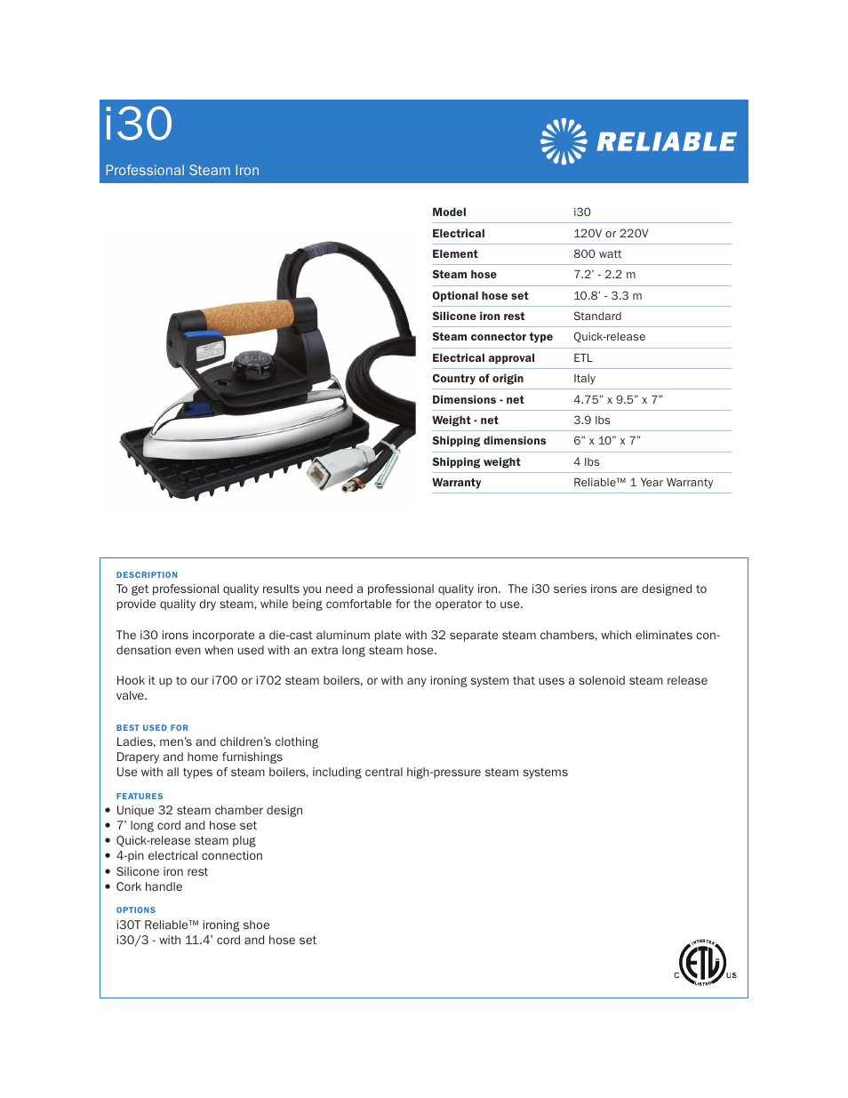 Reliable i30 User Manual | 1 page