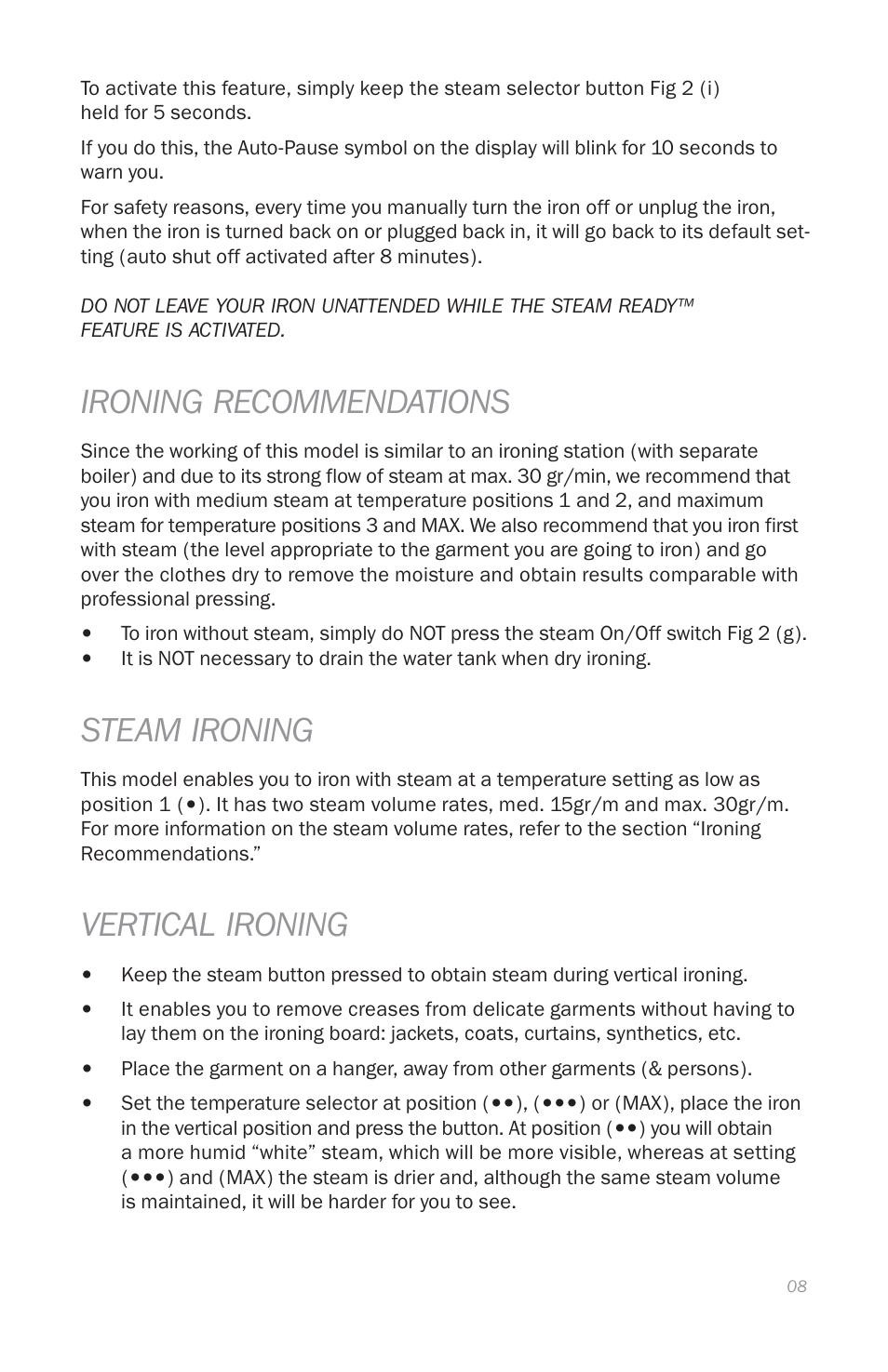 Ironing recommendations, Steam ironing, Vertical ironing | Reliable THE DIGITAL VELOCITY V100 User Manual | Page 12 / 38