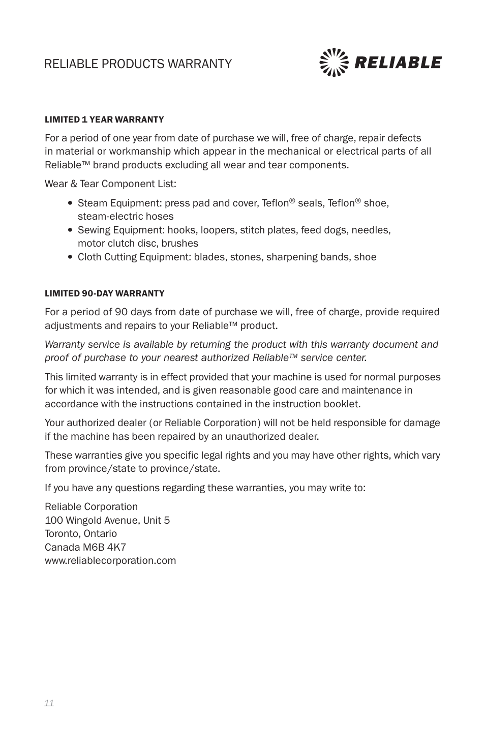 Reliable products warranty | Reliable THE DIGITAL VELOCITY V100 User Manual | Page 15 / 38
