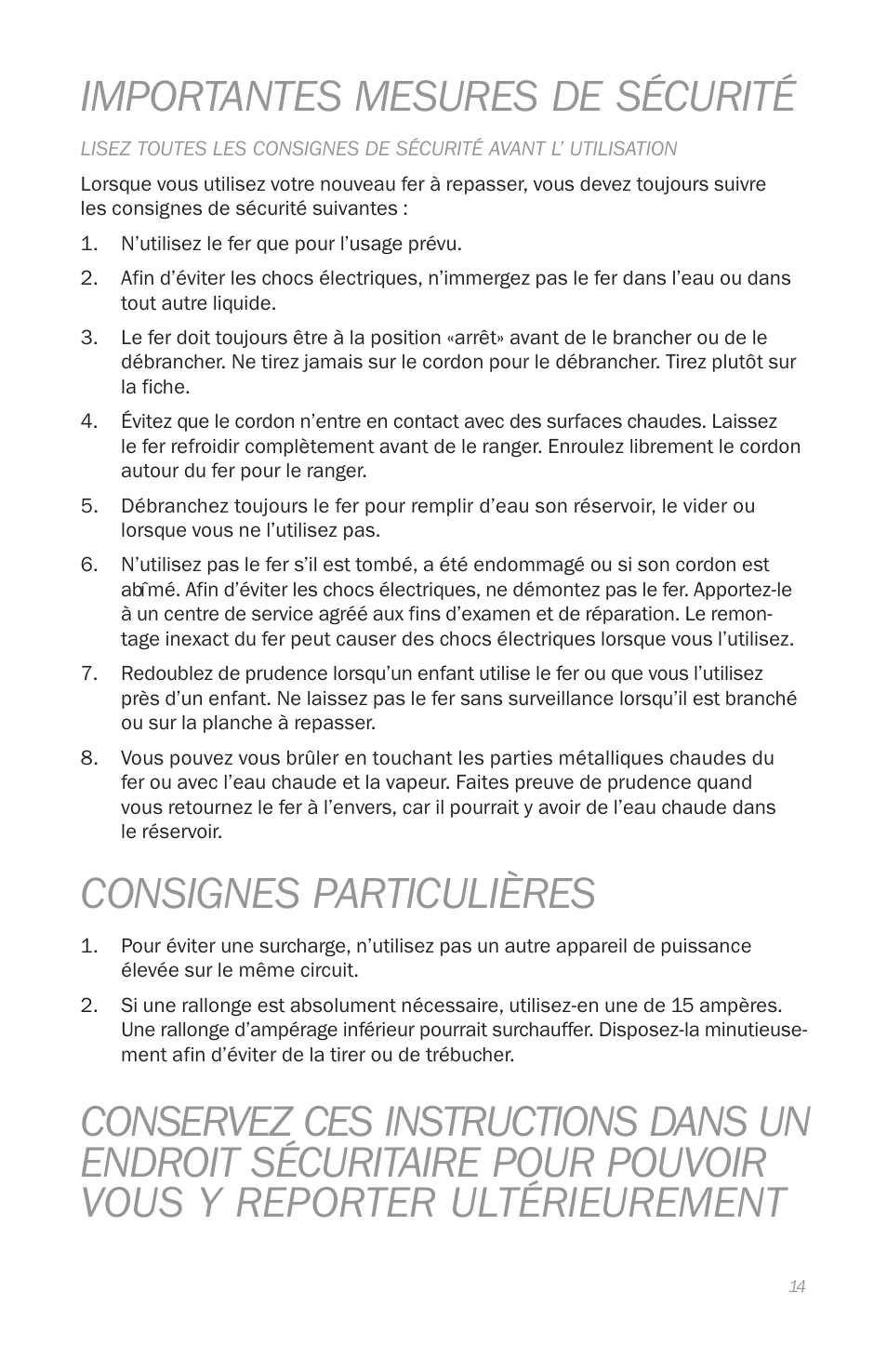 Importantes mesures de sécurité, Consignes particulières | Reliable THE DIGITAL VELOCITY V100 User Manual | Page 18 / 38
