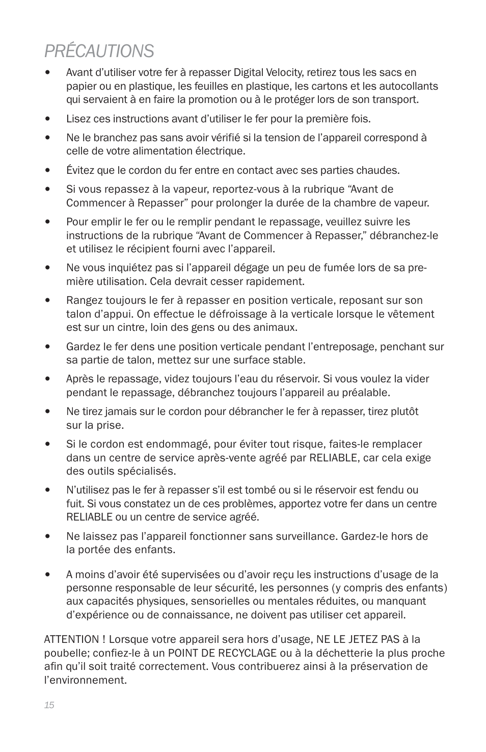 Précautions | Reliable THE DIGITAL VELOCITY V100 User Manual | Page 19 / 38