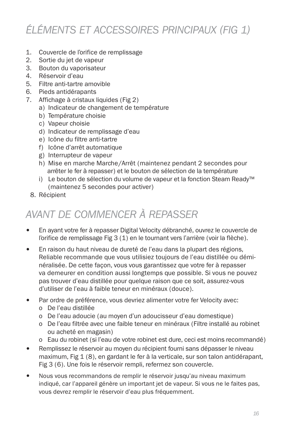 Éléments et accessoires principaux (fig 1), Avant de commencer à repasser | Reliable THE DIGITAL VELOCITY V100 User Manual | Page 20 / 38