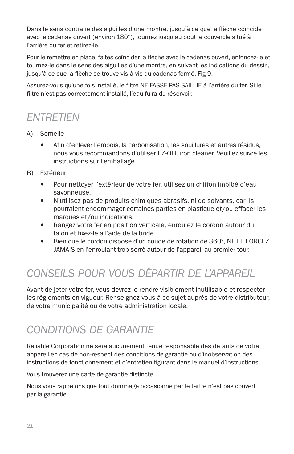 Entretien, Conseils pour vous départir de l’appareil, Conditions de garantie | Reliable THE DIGITAL VELOCITY V100 User Manual | Page 25 / 38