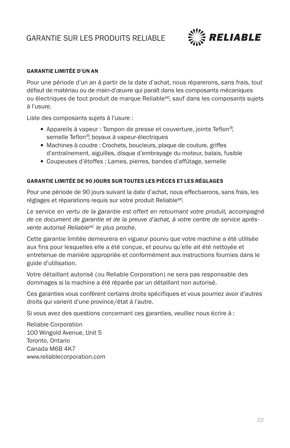 Garantie sur les produits reliable, Reliable products warranty | Reliable THE DIGITAL VELOCITY V100 User Manual | Page 26 / 38