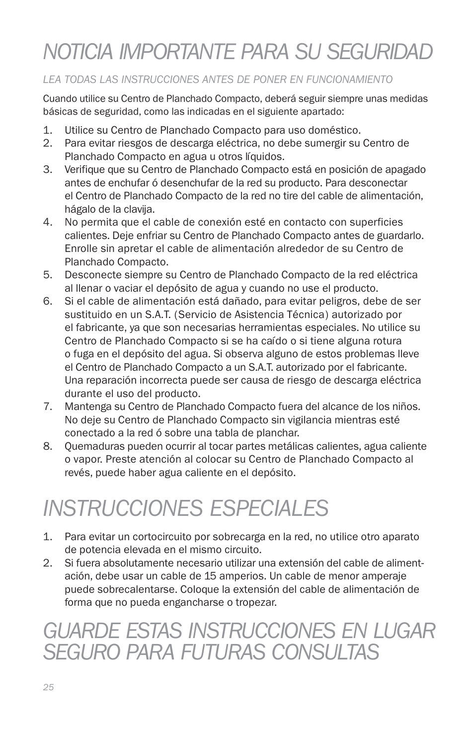 Instrucciones especiales, Noticia importante para su seguridad | Reliable THE DIGITAL VELOCITY V100 User Manual | Page 29 / 38