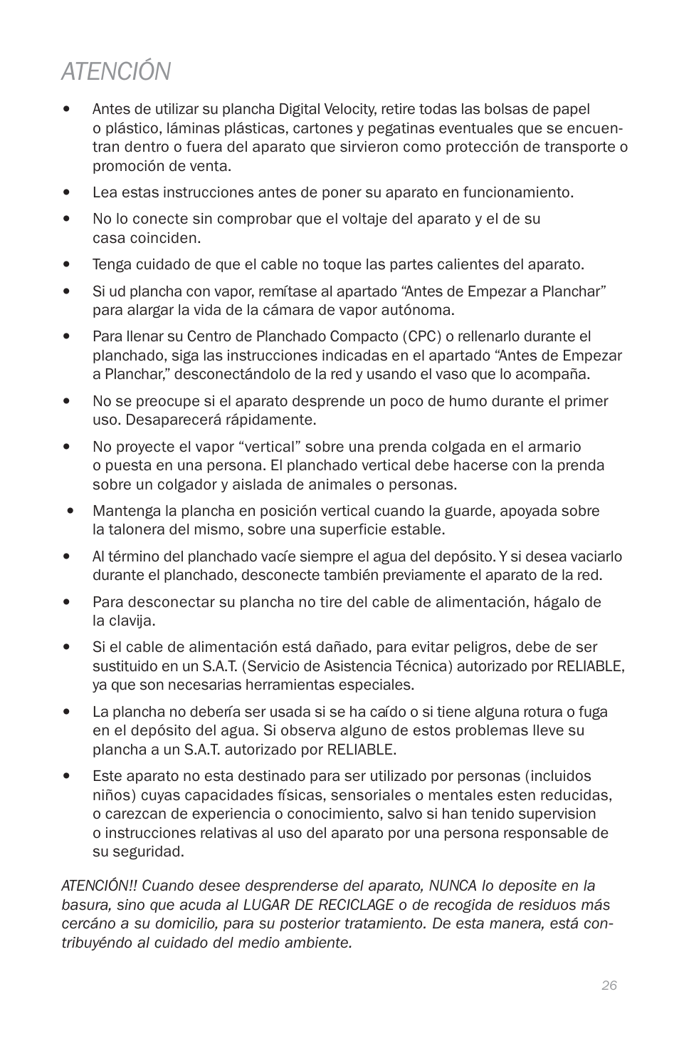 Atención | Reliable THE DIGITAL VELOCITY V100 User Manual | Page 30 / 38
