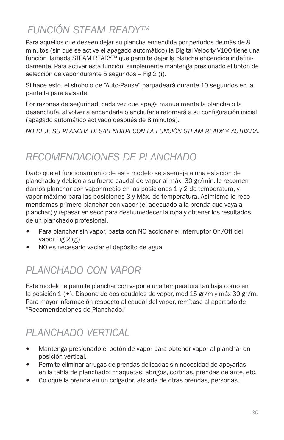 Función steam ready, Recomendaciones de planchado, Planchado con vapor | Planchado vertical | Reliable THE DIGITAL VELOCITY V100 User Manual | Page 34 / 38