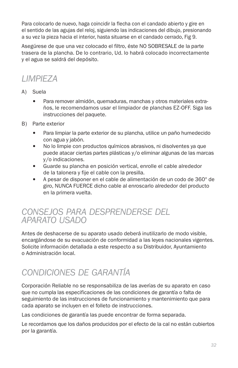 Limpieza, Consejos para desprenderse del aparato usado, Condiciones de garantía | Reliable THE DIGITAL VELOCITY V100 User Manual | Page 36 / 38