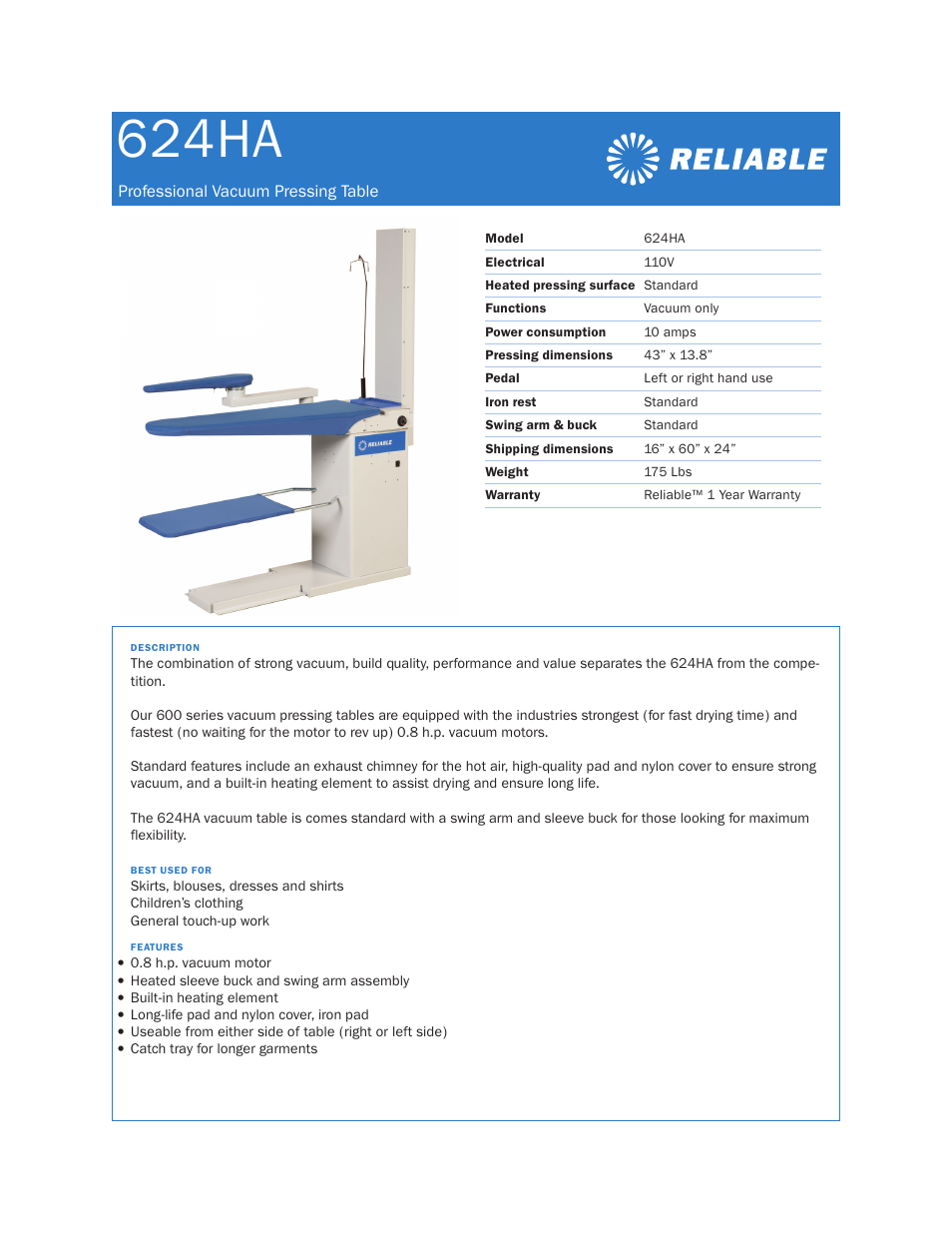 Reliable 624HA User Manual | 1 page