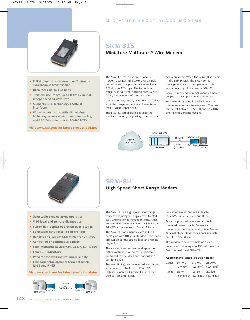 Srm-31s, Srm-8h, Miniature multirate 2-wire modem | High speed short range modem | RAD Data comm 146 User Manual | Page 3 / 10