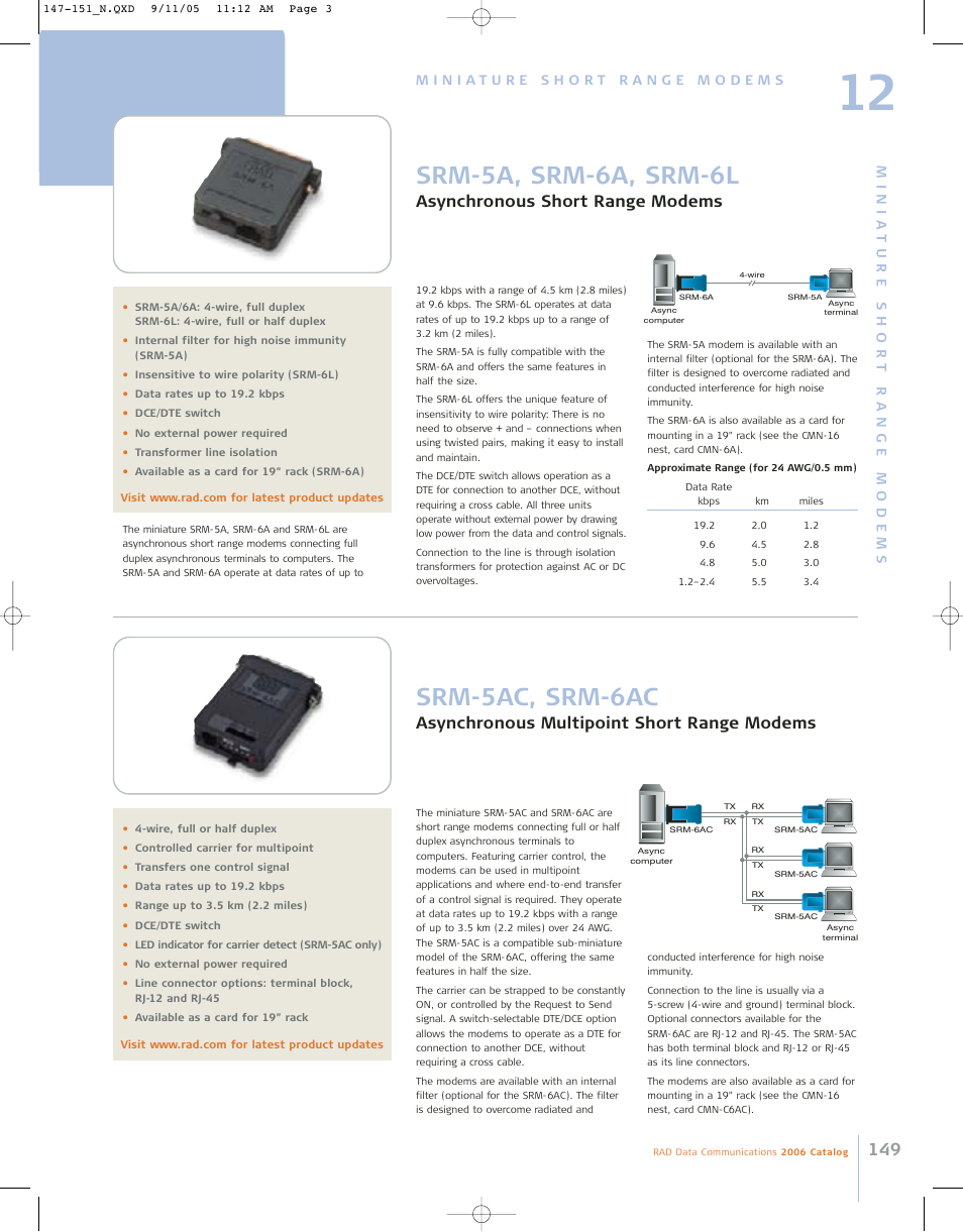 Srm-5ac, srm-6ac, Srm-5a, srm-6a, srm-6l, Asynchronous multipoint short range modems | Asynchronous short range modems | RAD Data comm 146 User Manual | Page 4 / 10