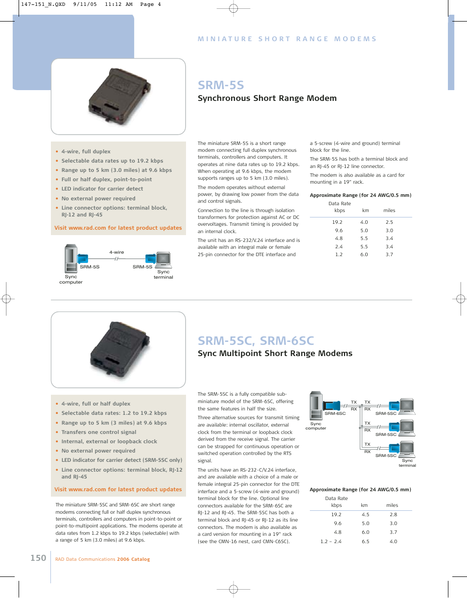 Srm-5s, Srm-5sc, srm-6sc, Synchronous short range modem | Sync multipoint short range modems | RAD Data comm 146 User Manual | Page 5 / 10