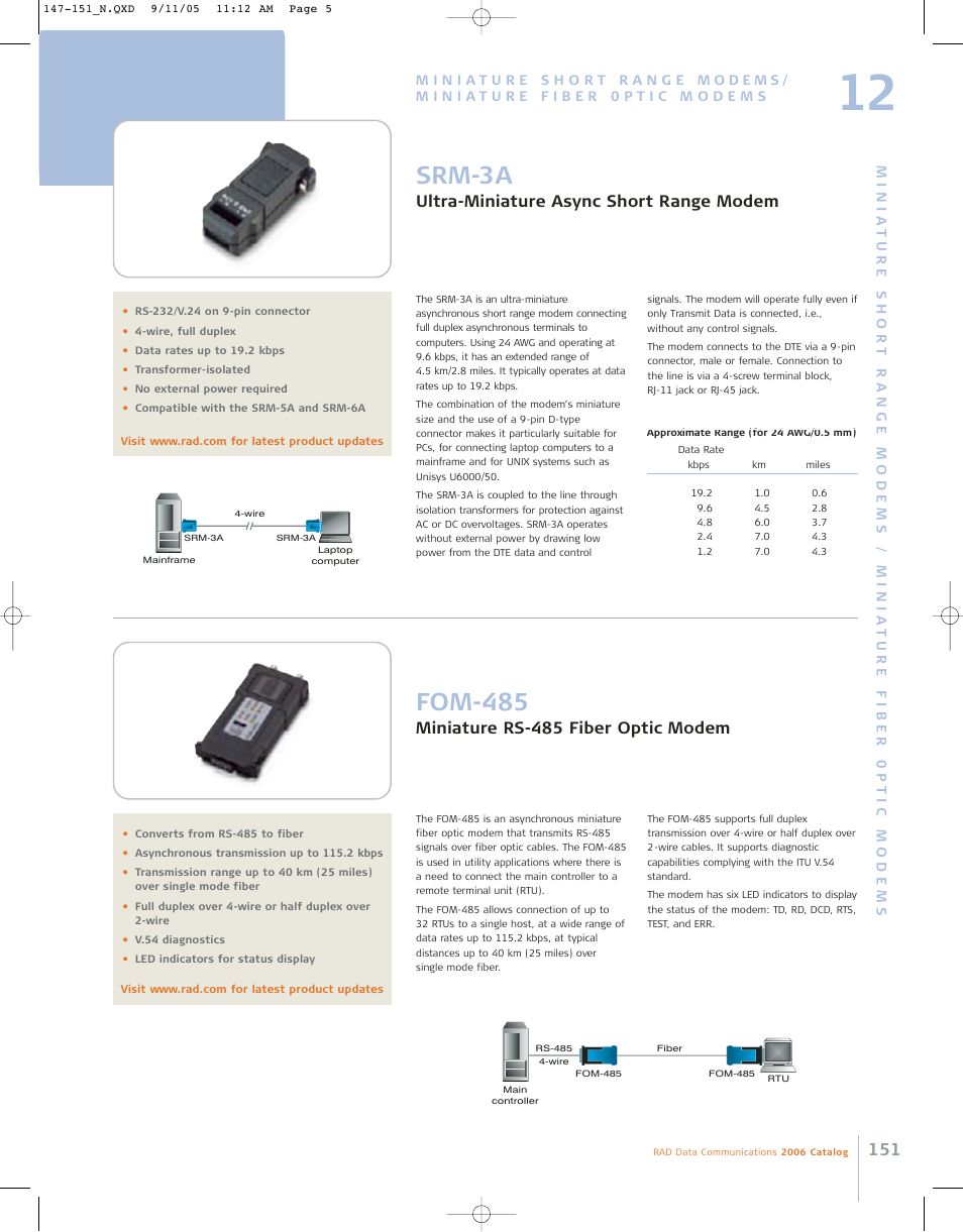 Fom-485, Srm-3a, Miniature rs-485 fiber optic modem | Ultra-miniature async short range modem | RAD Data comm 146 User Manual | Page 6 / 10