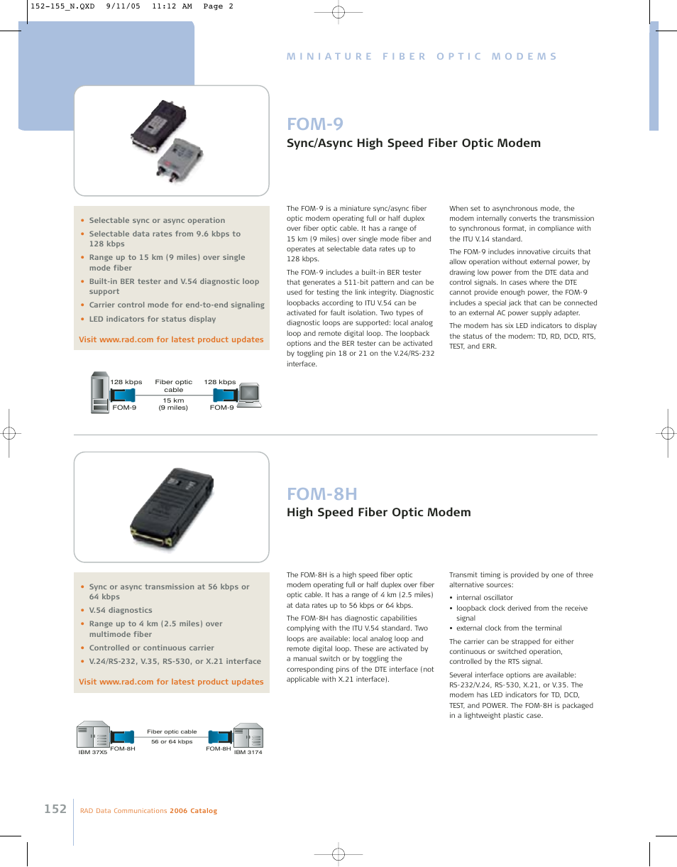 Fom-9, Fom-8h, Sync/async high speed fiber optic modem | High speed fiber optic modem | RAD Data comm 146 User Manual | Page 7 / 10