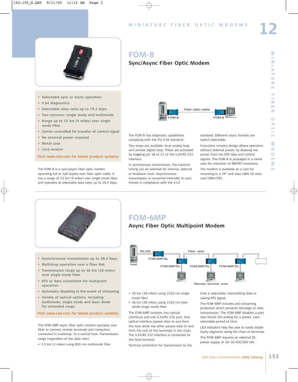 Fom-8, Fom-6mp, Sync/async fiber optic modem | Async fiber optic multipoint modem | RAD Data comm 146 User Manual | Page 8 / 10