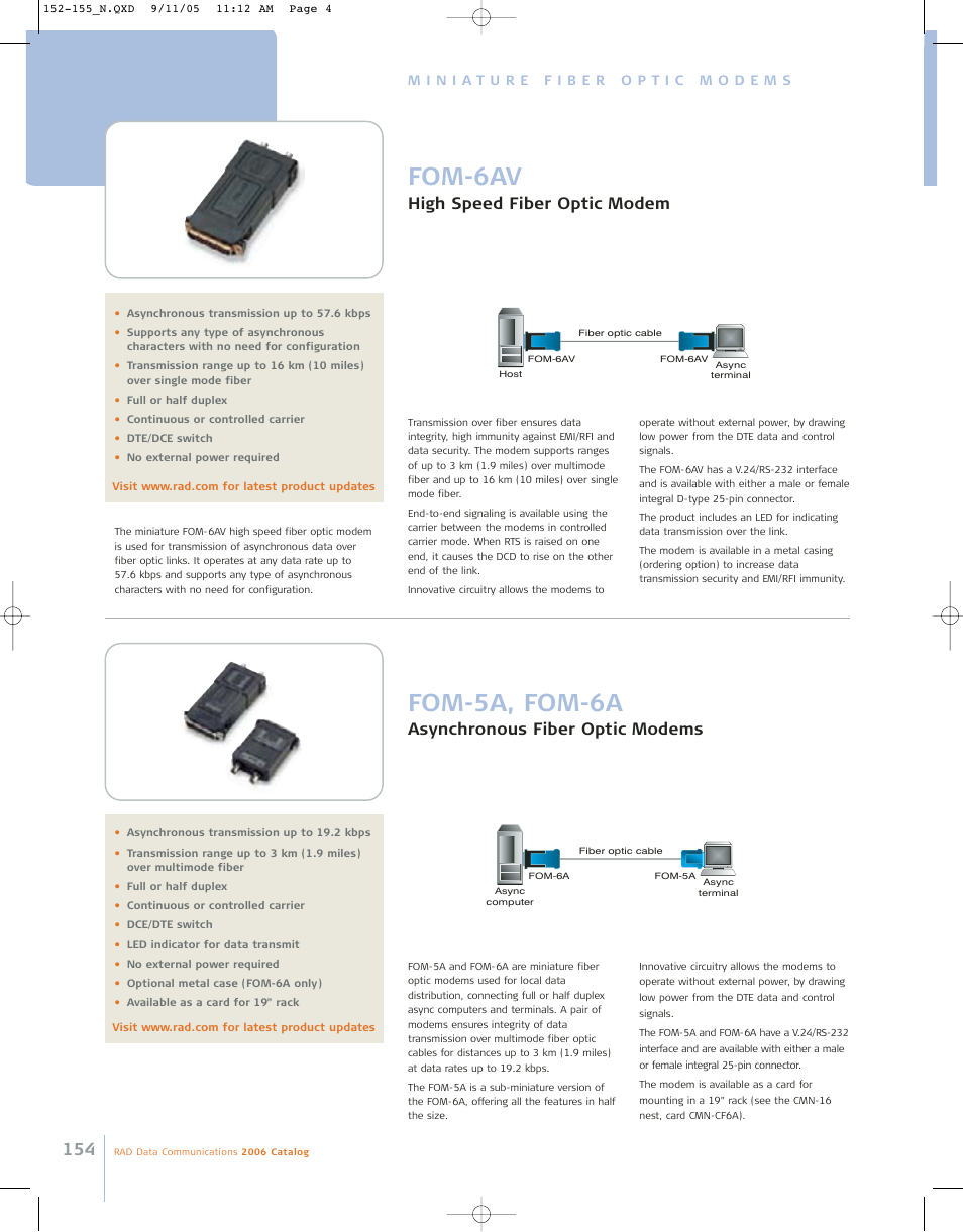 Fom-6av, Fom-5a, fom-6a, High speed fiber optic modem | Asynchronous fiber optic modems | RAD Data comm 146 User Manual | Page 9 / 10