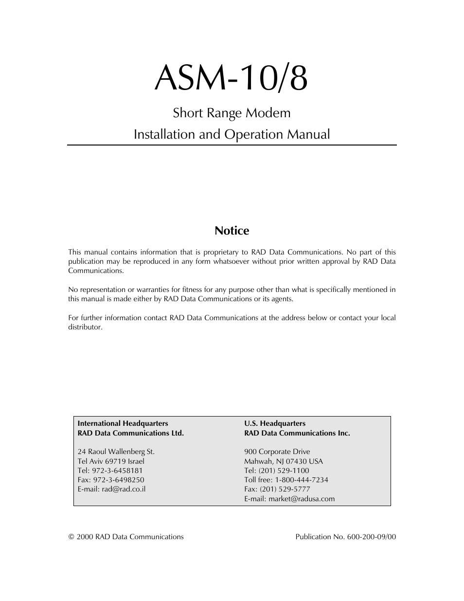 RAD Data comm ASM-10/8 User Manual | 50 pages