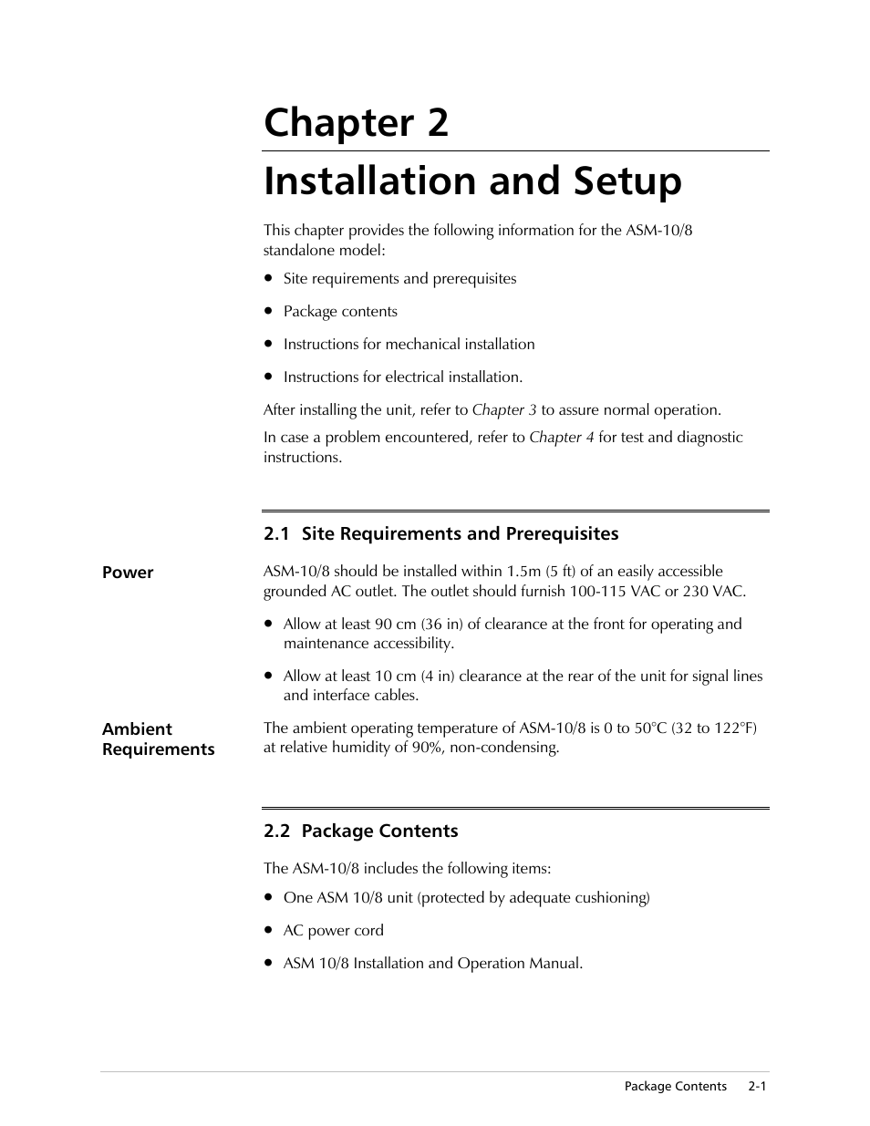 Installation and setup, Chapter 2 installation and setup | RAD Data comm ASM-10/8 User Manual | Page 25 / 50