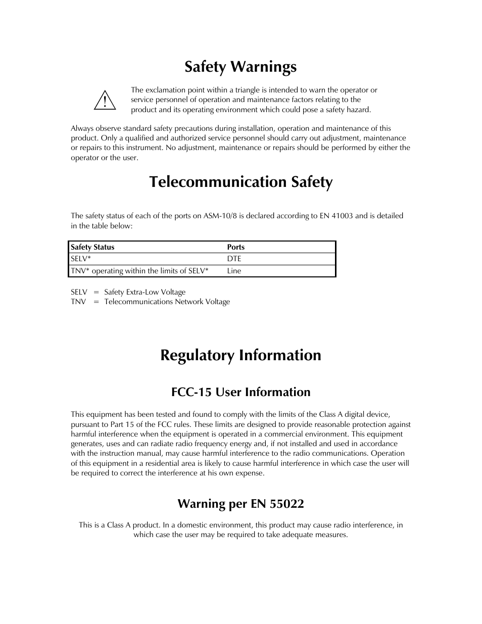 Safety warnings, Telecommunication safety, Regulatory information | Fcc-15 user information | RAD Data comm ASM-10/8 User Manual | Page 4 / 50