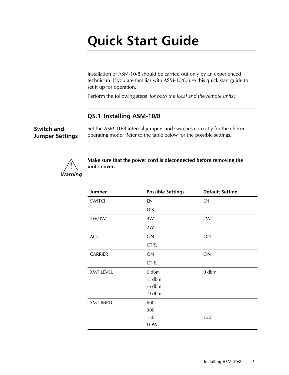 Quick start guide, Qs .1 installing asm-10/8 | RAD Data comm ASM-10/8 User Manual | Page 7 / 50