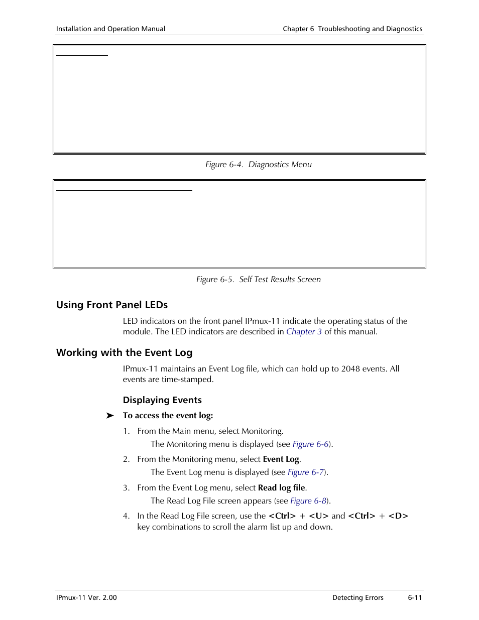 Using front panel leds, Working with the event log, Displaying events | Pears (see, Figure 6-4, Figure 6-5 | RAD Data comm IPmux-11 User Manual | Page 109 / 148