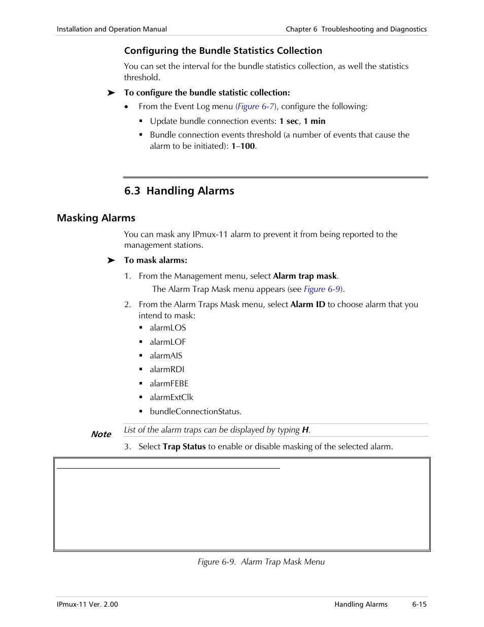 Configuring the bundle statistics collection, 3 handling alarms, Masking alarms | RAD Data comm IPmux-11 User Manual | Page 113 / 148