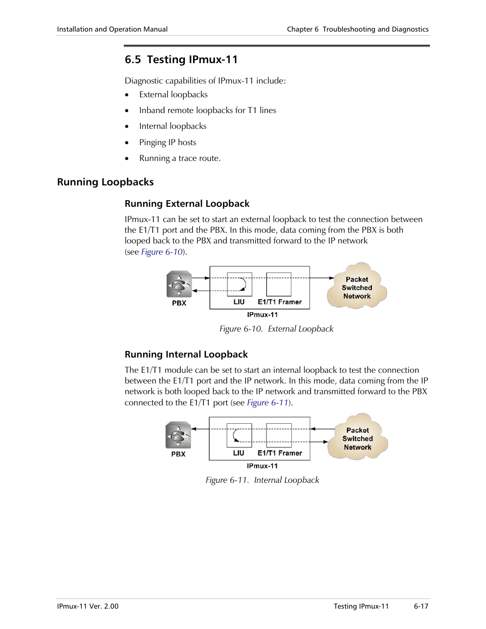 5 testing ipmux-11, Running loopbacks, Running external loopback | Running internal loopback | RAD Data comm IPmux-11 User Manual | Page 115 / 148