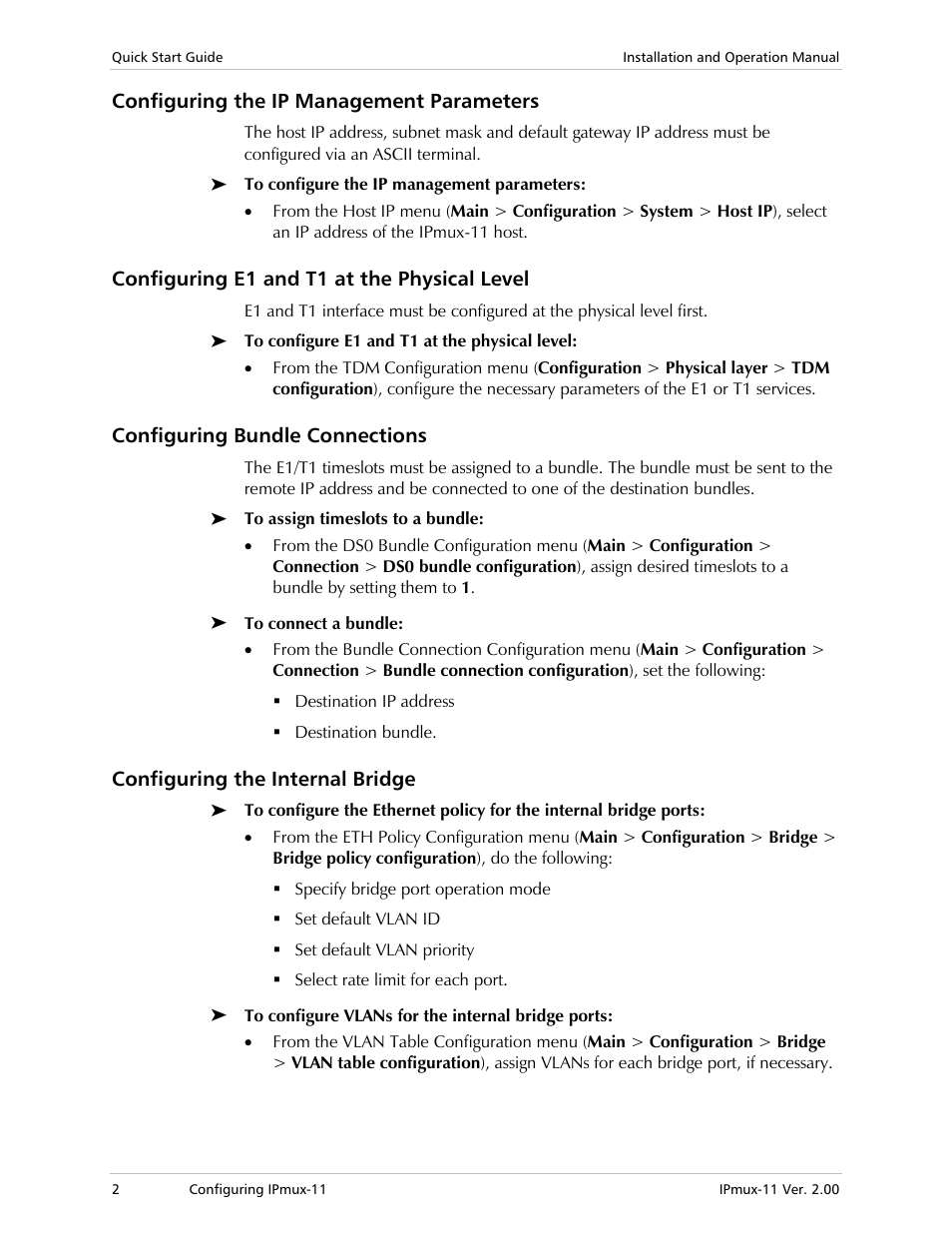 Configuring the ip management parameters, Configuring e1 and t1 at the physical level, Configuring bundle connections | Configuring the internal bridge | RAD Data comm IPmux-11 User Manual | Page 12 / 148