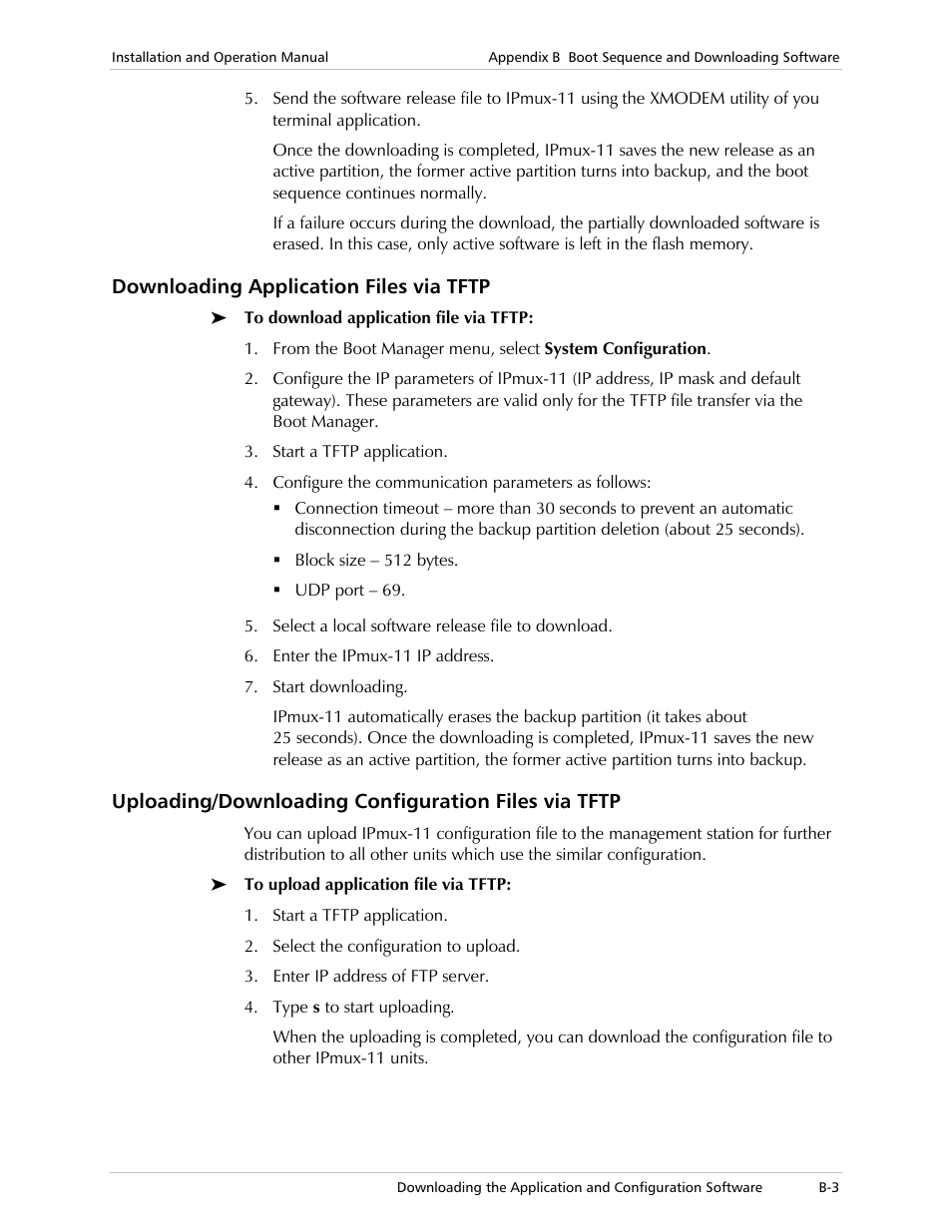 Downloading application files via tftp, Uploading/downloading configuration files via tftp | RAD Data comm IPmux-11 User Manual | Page 131 / 148