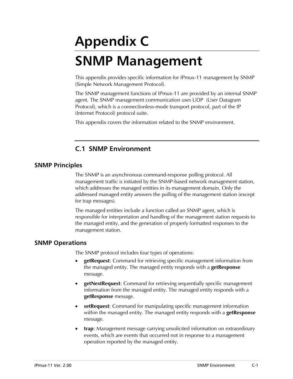 Appendix c. snmp management, C.1 snmp environment, Snmp principles | Snmp operations, Appendix c snmp management | RAD Data comm IPmux-11 User Manual | Page 133 / 148