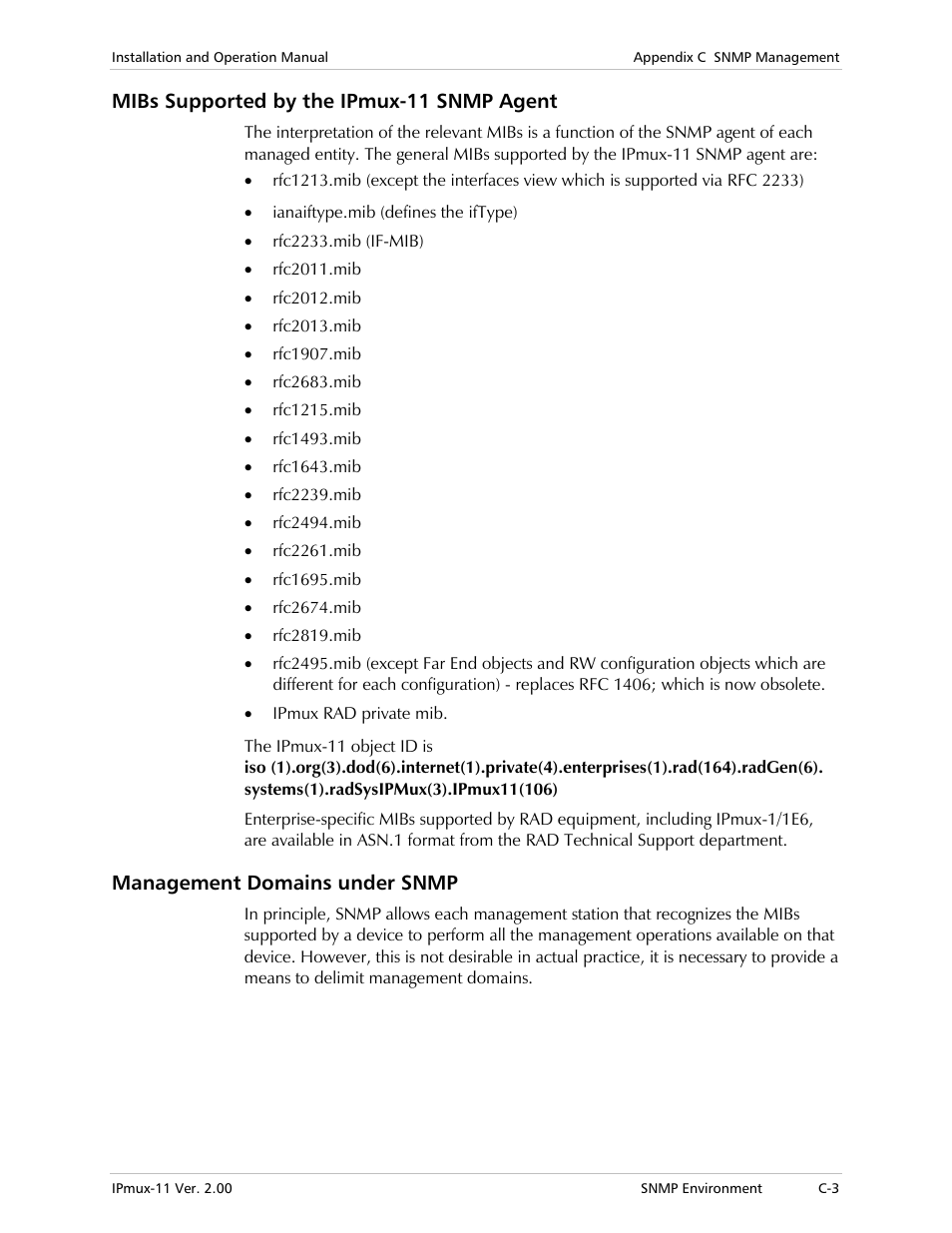 Mibs supported by the ipmux-11 snmp agent, Management domains under snmp | RAD Data comm IPmux-11 User Manual | Page 135 / 148