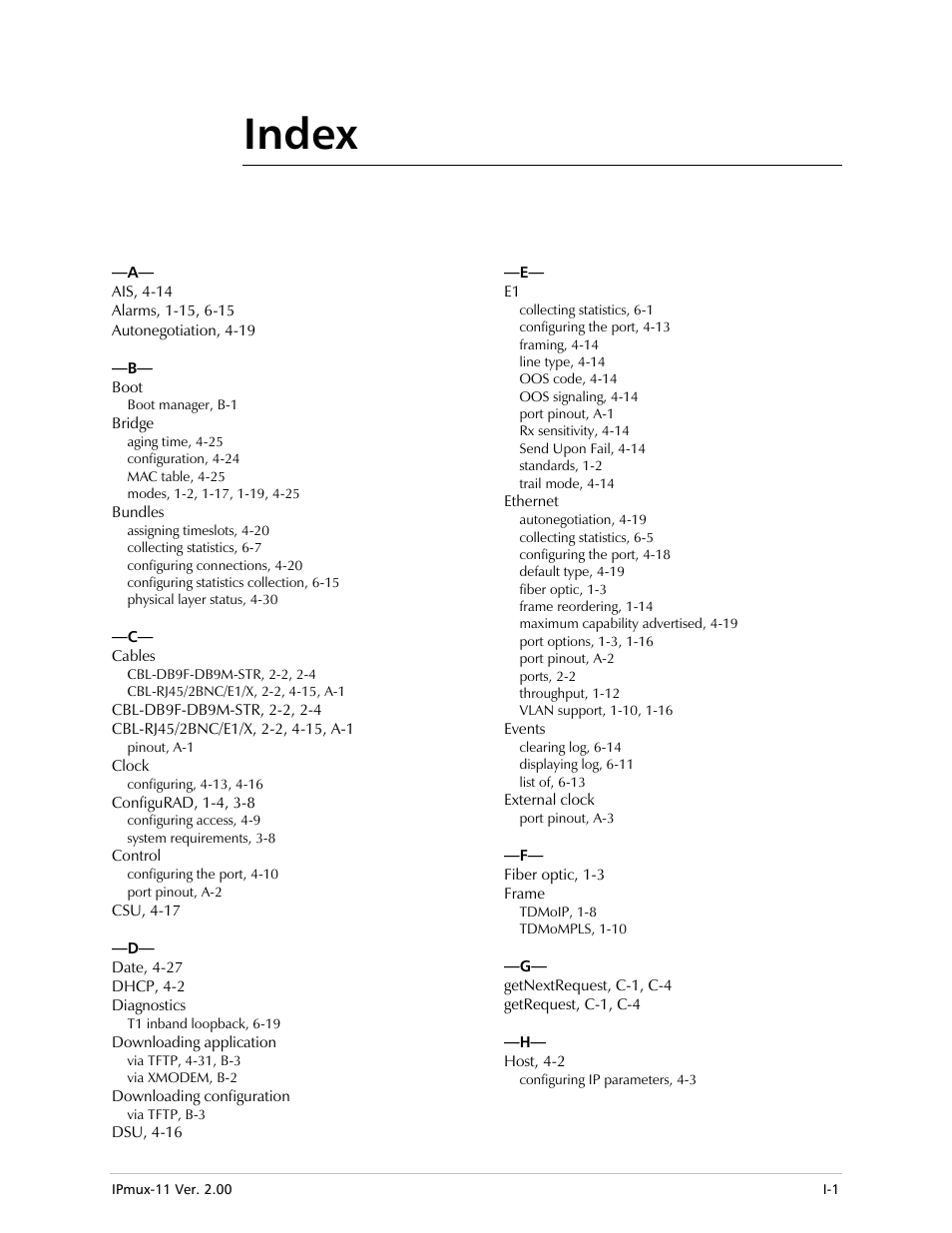 Index | RAD Data comm IPmux-11 User Manual | Page 137 / 148