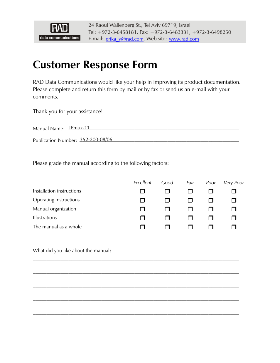 Customer response form | RAD Data comm IPmux-11 User Manual | Page 143 / 148