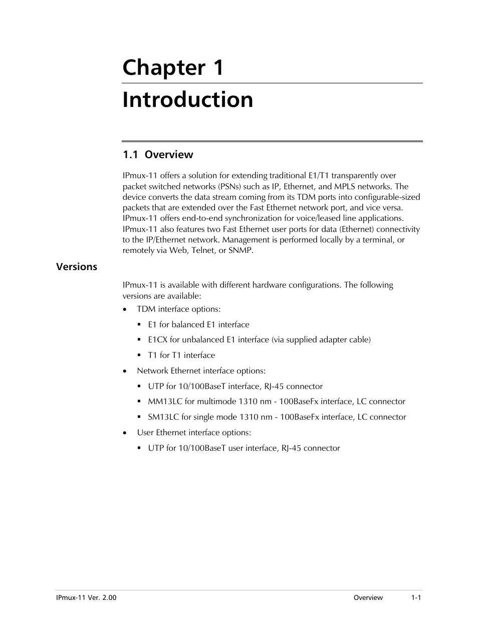 Chapter 1. introduction, 1 overview, Versions | Chapter 1 introduction | RAD Data comm IPmux-11 User Manual | Page 15 / 148