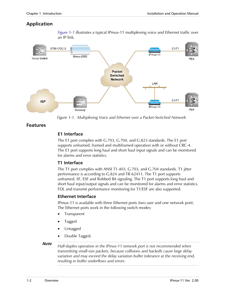 Application, Features, E1 interface | T1 interface, Ethernet interface | RAD Data comm IPmux-11 User Manual | Page 16 / 148
