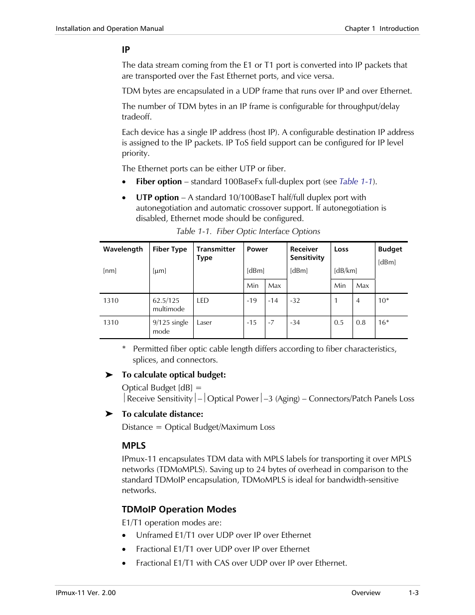 Mpls, Tdmoip operation modes | RAD Data comm IPmux-11 User Manual | Page 17 / 148