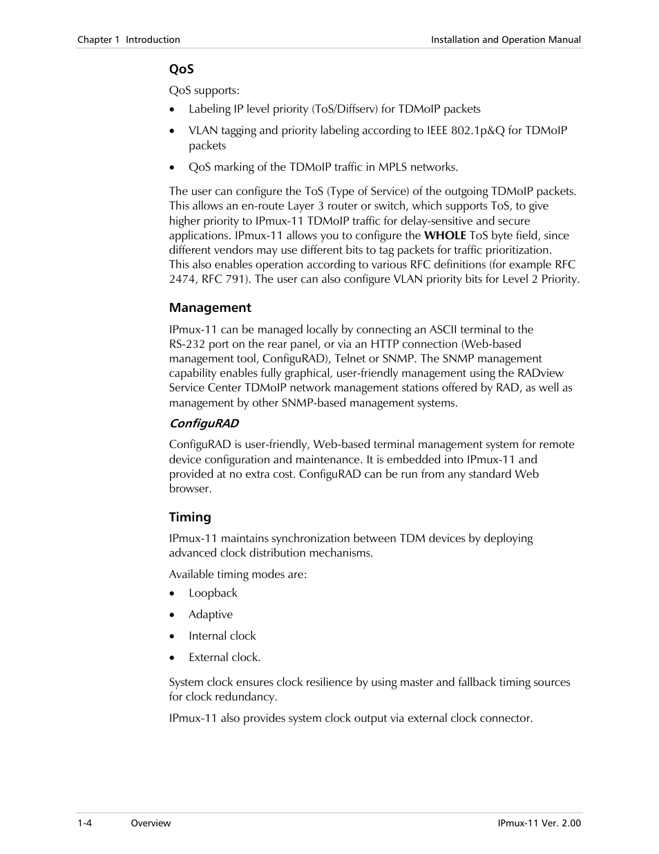 Management, Timing | RAD Data comm IPmux-11 User Manual | Page 18 / 148