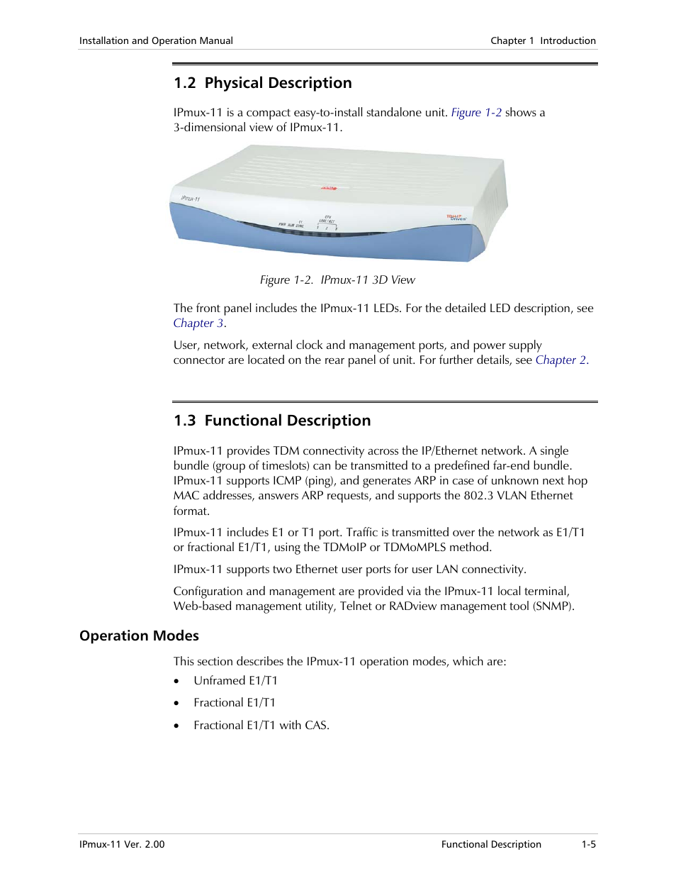 2 physical description, 3 functional description, Operation modes | RAD Data comm IPmux-11 User Manual | Page 19 / 148