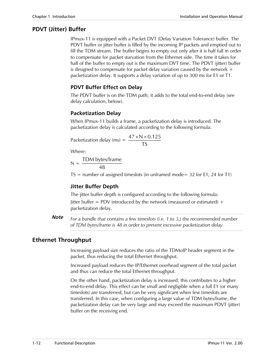 Pdvt (jitter) buffer, Pdvt buffer effect on delay, Packetization delay | Jitter buffer depth, Ethernet throughput | RAD Data comm IPmux-11 User Manual | Page 26 / 148