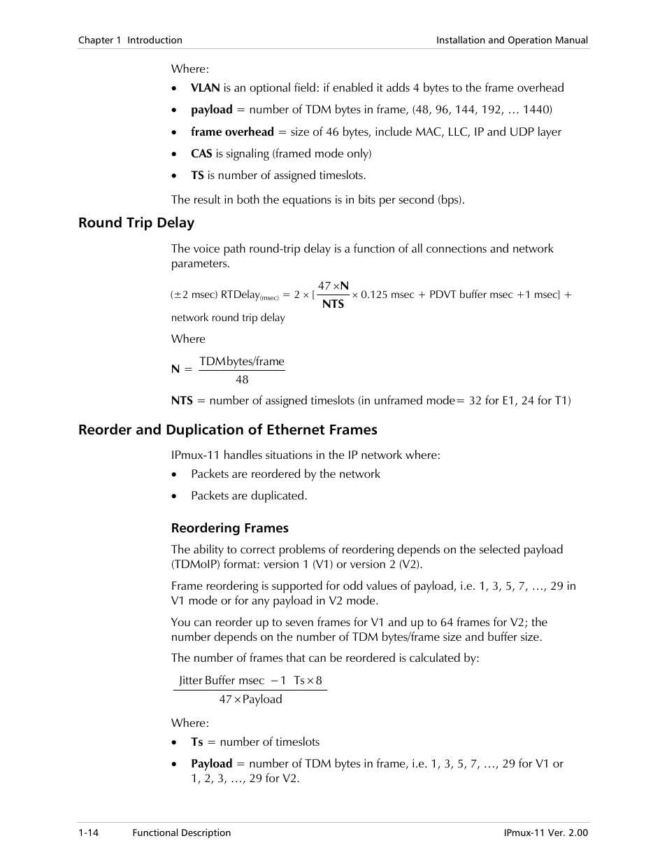 Round trip delay, Reorder and duplication of ethernet frames, Reordering frames | RAD Data comm IPmux-11 User Manual | Page 28 / 148