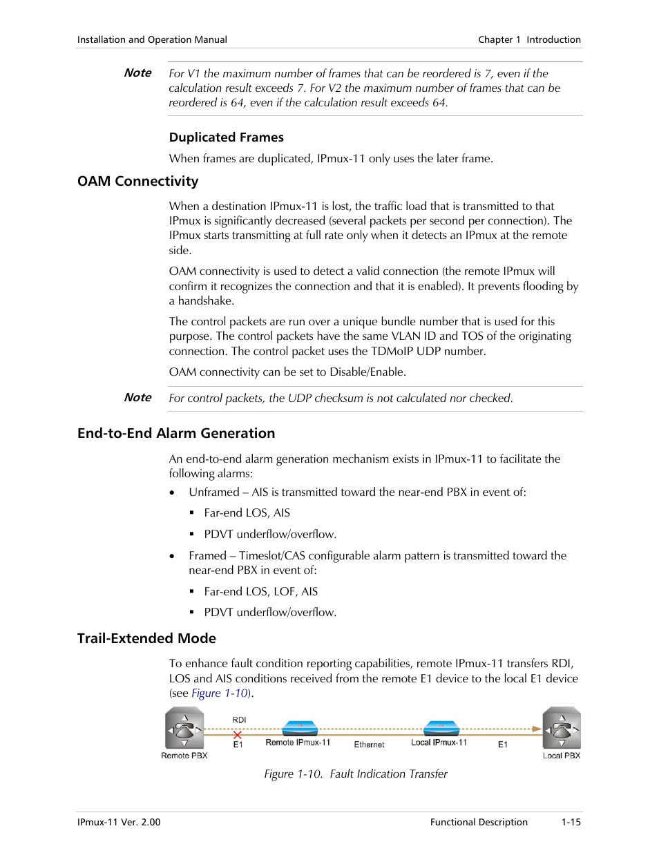 Duplicated frames, Oam connectivity, End-to-end alarm generation | Trail-extended mode | RAD Data comm IPmux-11 User Manual | Page 29 / 148