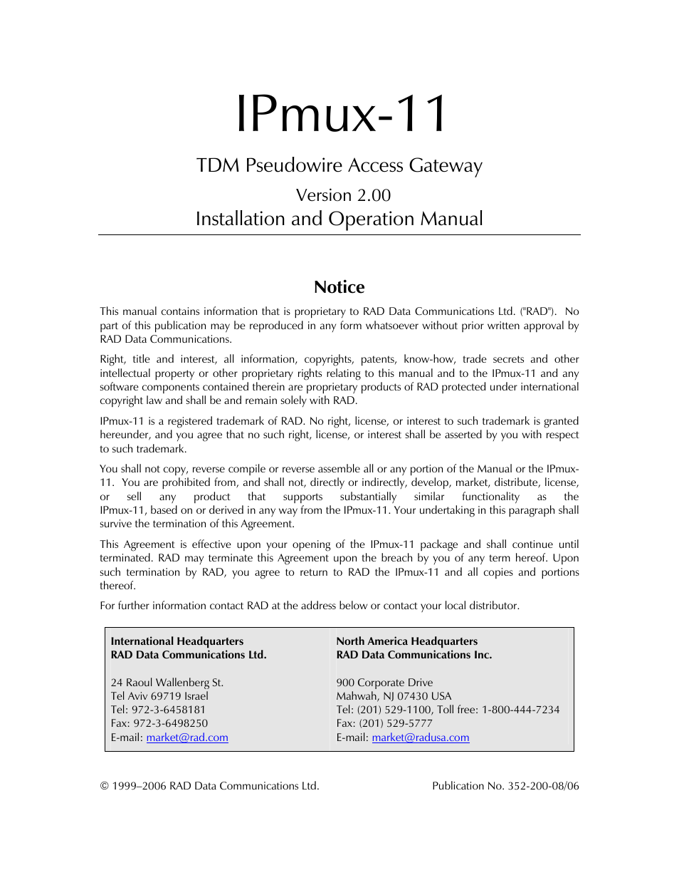 Ipmux-11, Tdm pseudowire access gateway, Installation and operation manual | Version 2.00, Notice | RAD Data comm IPmux-11 User Manual | Page 3 / 148